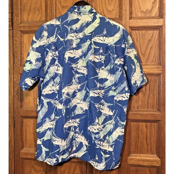 Rum Reggae Hawaiian Shirt Men L Blue Batik Swordfish All Over Print SS Button Up - Picture 6 of 9